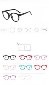 Detailed size chart and color options for kids round anti-blue light glasses