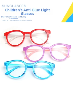 Front view of round frame anti-blue light glasses for children in red, purple, and blue
