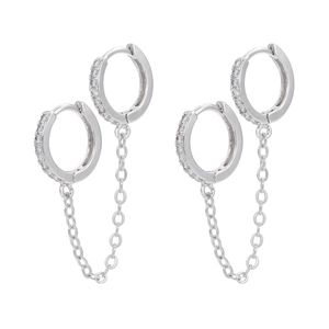 Micro-pave cubic zirconia double hoop linked chain earrings in 18K gold plating