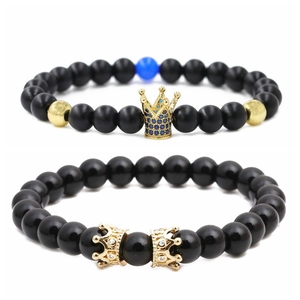 Crown Charm Beaded Bracelet Matte Black Stone Alloy Zircon Jewelry Fashion For Men Women