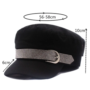 Rhinestone Newsboy Cap Cotton Flat Top Military Hat For Women Fashion Adjustable Shiny Rhinestone Band Navy Cap