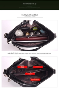 Innenansicht der schwarzen Lederhandtasche mit geräumigen Fächern und großem Stauraum