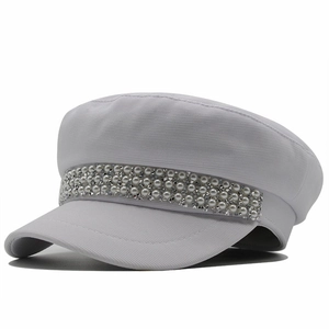 White navy style flat top hat with pearls and rhinestones on twill cotton fabric