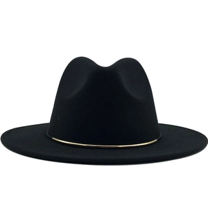 Detail of classic black wool fedora featuring a minimalist gold ring buckle on the band