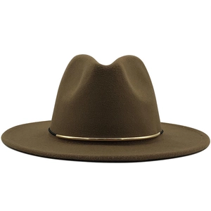 Detailed texture of brown wool fedora hat featuring a stylish gold metal bar trim