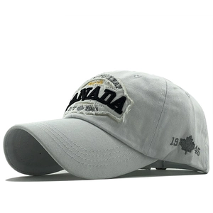Vintage light grey cotton baseball cap with Canada maple leaf embroidery and distressed finish