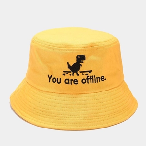 Detail of yellow cotton bucket hat with black You Are Offline dinosaur embroidery