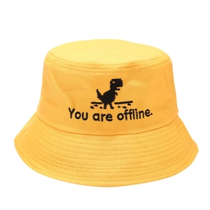 Bright yellow cotton bucket hat with black pixel dinosaur and You are offline embroidery