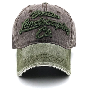 Close-up of Boston Landscaping Co. embroidery on vintage cotton baseball cap