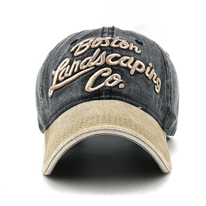 Retro washed cotton baseball cap with Boston Landscaping Co. 3D embroidery and khaki brim