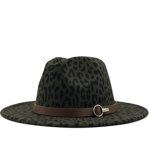 Detail of dark olive wool fedora featuring leopard print and brown leather band buckle