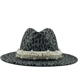 Gray leopard print wool fedora hat with elegant white pearl decorative band