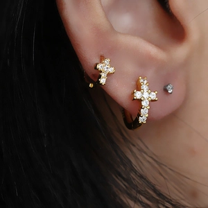 Exquisite S925 silver gold hoop earrings with sparkling crystal cross dangles for women