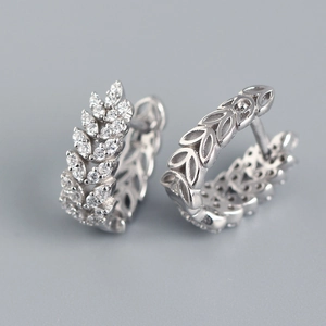 Macro detail of S925 sterling silver wheat ear earrings with cubic zirconia stones