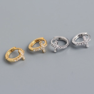 Cross Huggie Hoop Earrings 925 Sterling Silver Cubic Zirconia Minimalist Dainty Jewelry For Women