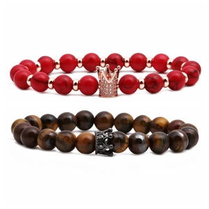 Tiger Eye Natural Stone Beaded Bracelet With Copper Crown Pendant For Couples Elastic Rope Jewelry