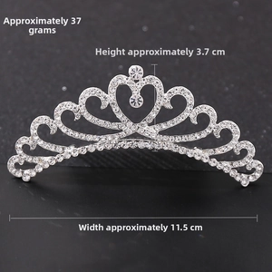 Detail view of heart-shaped rhinestone crown hair comb showing 3.7cm height and 11.5cm width