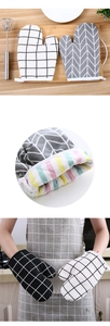 Detailed views of thick heat-resistant oven mitts in plaid and ripple patterns