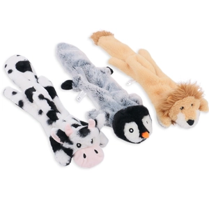 Detailed plush animal dog toys featuring cow, penguin, and lion shapes with soft fur texture