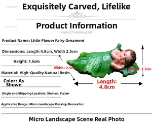 Detail view of a resin flower fairy miniature figurine lying on a leaf for micro landscapes