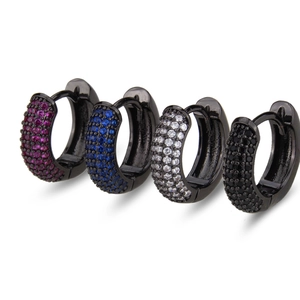 Detailed view of four multicolored pave-set cubic zirconia hoop earrings in black alloy
