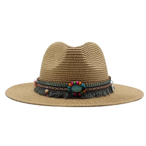 Bohemian Ethnic Paper Straw Fedora Hat With Turquoise Beads Tassels Sun Protection Beach Outdoor For Men Women