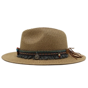 Bohemian khaki straw jazz hat for men with colorful woven band and decorative tassels