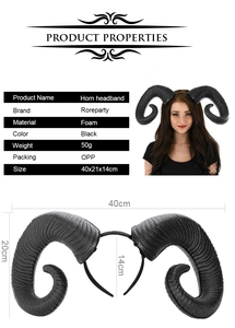 Detailed size chart for black foam horn headband with dimensions 40x21x14cm