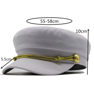 White nautical flat top baker boy hat with gold rope detail and embossed eagle buttons