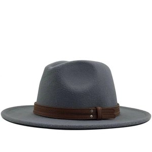 Classic grey wool fedora hat with a brown leather band and silver rivet accents