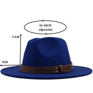 Classic dark blue wool fedora hat with brown leather band and wide brim for women