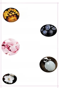 Detailed chart showing 18K gold, cubic zirconia, crystal, cat-eye stone, and shell materials