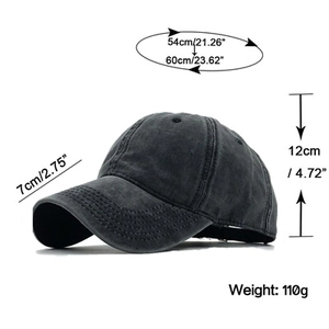 Detailed size chart for black washed cotton baseball cap with adjustable strap measurements