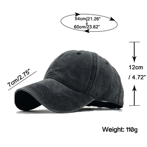 Size chart showing 54-60cm head circumference for the washed cotton baseball cap