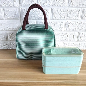 Insulated fabric lunch bag with brown handles and a 900ml multi-layer bento box set