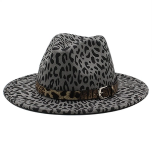 Grey leopard print fedora hat with wide brim and brown buckled decorative band