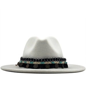 Bohemian Fedora Hat Wool Felt Wide Brim Ethnic Braided Band Tassels Beads Metal Coins Vintage Jazz Style Women Men