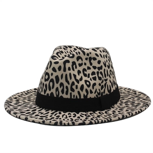 Fashionable leopard print wool fedora hat with flat brim and decorative black ribbon band