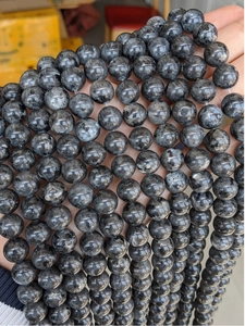Detailed close-up of natural Larvikite loose beads with grey speckled texture for DIY jewelry