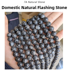 Macro shot of 7A natural Larvikite round beads with deep gray texture for DIY jewelry
