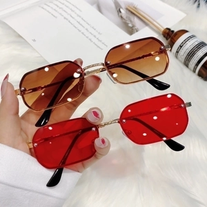 Retro rimless polygon metal sunglasses with gradient ocean lenses and gold frames