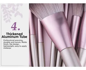 Detail of rose gold thickened aluminum tube on purple makeup brush with soft bristles