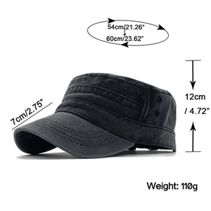 Detailed size guide of dark grey washed cotton cadet cap with dimensions and weight