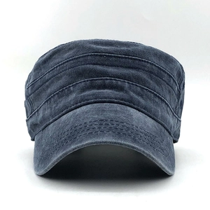 Detailed close-up of washed cotton flat top military hat with durable stitching details