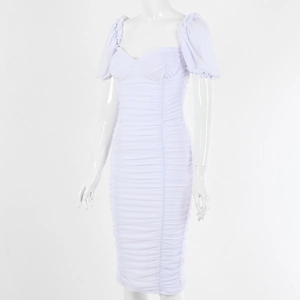 Detailed view of white off-shoulder ruched midi dress texture on a mannequin