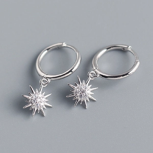 Detailed close-up of S925 sterling silver sunburst earrings with sparkling cubic zirconia