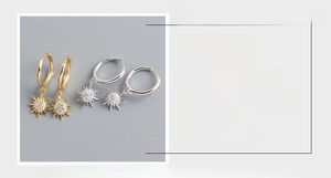 Detail view of S925 sterling silver sunburst earrings with dimensions and color options