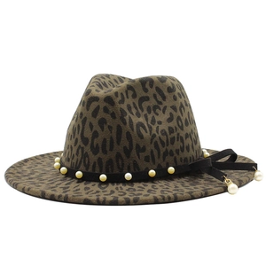 Classic leopard print fedora jazz hat with pearl embellishments and a bow detail