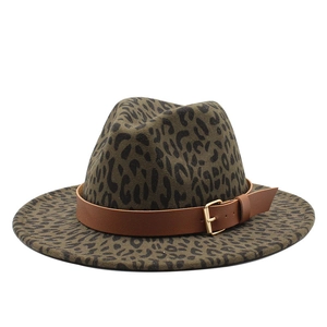 Detail of leopard print felt fedora featuring a vintage brown faux leather buckle band