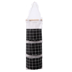 Vertical 3-pocket cotton linen wall hanging storage bag with black and white plaid design